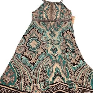 INC International Concepts 2X Maxi Dress Halter Paisley Sleeveless Teal White‎